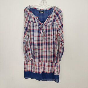 Lori M Vintage Women's Blouse Size L Plaid Blue Red Lightweight Y2K Sheer Lined